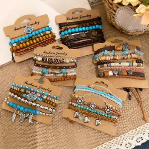 Retro ethnic style multi-layer bracelet set with wood beads and bull head charm