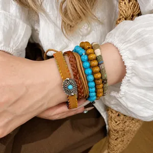 Vintage ethnic style bracelet set with turquoise beads and braided leather