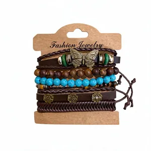 Vintage multi-layer leather bracelet set with turquoise beads and butterfly charm