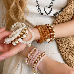 Luxury Multi-Layered Artificial Pearl Acrylic Beaded Bracelet Collection For Women Gold Beaded Hand Chain French Fashion Jewelry