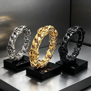 Bracciale Catena Cubana in Acciaio al Titanio Gotico Vintage per Uomo Halloween Teschio Piastra Rotonda Punk Gioielli