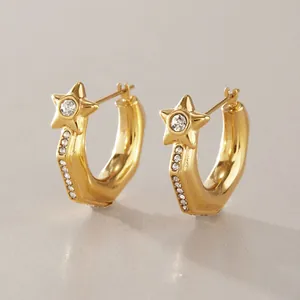 Elegant 18k gold plated stainless steel star hoop earrings with sparkling rhinestones