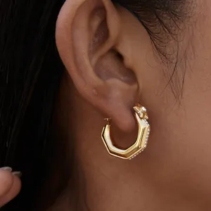 Elegant 18k gold plated stainless steel hoop earring with star detail and rhinestones