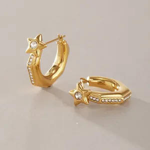 Elegant 18k gold plated stainless steel star hoop earrings with sparkling crystal stones