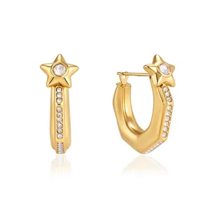 Elegant 18k gold plated stainless steel star hoop earrings with sparkling crystals for women.