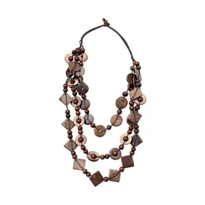 Handmade Bohemian multi-layer necklace crafted from brown coconut shell beads and discs