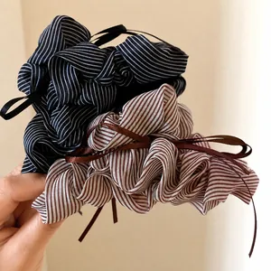 Elegant Korean style striped ruffled fabric hair scrunchies with long ribbon tails