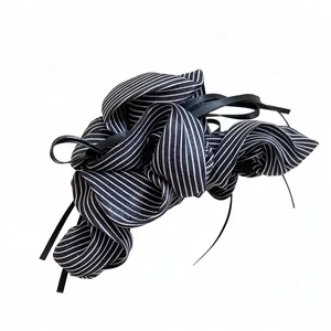 Elegant black and white striped fabric ribbon hair claw clip with bow and tassels ornament