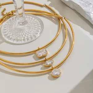 Stainless Steel 18K Gold Plated Zirconia Choker Necklace For Women Minimalist Single Stone Pendant Clavicle Chain Jewelry