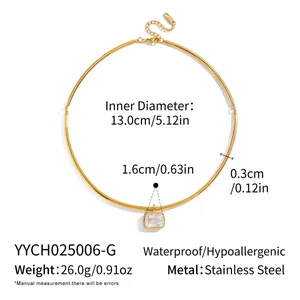 Detailed dimension guide for stainless steel gold plated baguette stone choker necklace.