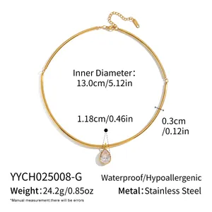 Detailed size diagram of golden stainless steel choker with teardrop crystal pendant.