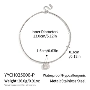 Detail view of stainless steel collar necklace with dimensions and material specs.