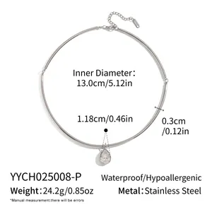 Macro view showing dimensions of the stainless steel choker with a teardrop pendant.