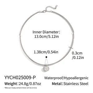 Stainless steel choker necklace with round crystal pendant and dimension details