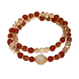 New Chinese style double-layer crystal beaded bracelet with red agate and amber accents