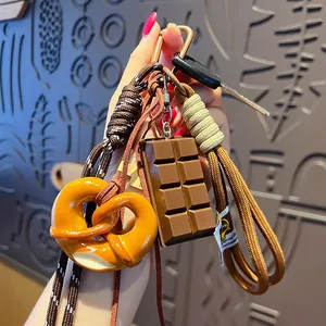 Creative Simulation Pretzel Bagel Bread Keychain Hand Woven Rope Bag Pendant Food Style Keychain Gift For Couples Charm Accessory