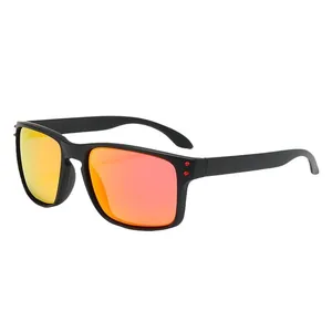 Sporty polarized sunglasses featuring matte black frames and orange mirrored lenses