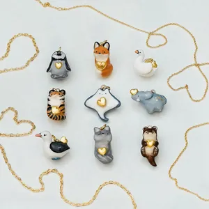 Stainless Steel Cute Animal Pendant Necklace Healing Style Cartoon Penguin Fox Elephant Heart Charm Jewelry Accessory For Women Men