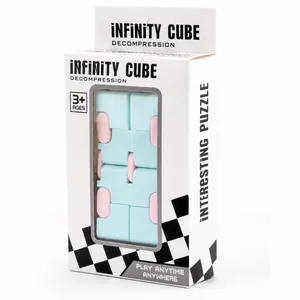 Macaron infinity cube fidget toy in white packaging box, size 14x7.5x3cm