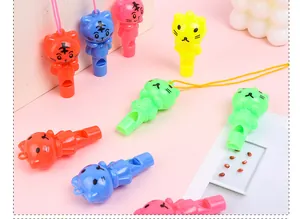 Colorful cartoon cat plastic whistles with matching lanyards for children's party favors