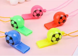 Detailed view of colorful soccer whistles with lanyards in various bright shades