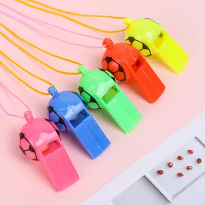 Set of 5 colorful football-shaped whistles with lanyards for sports and cheering events