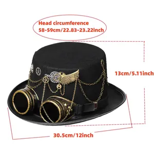 Size measurements for steampunk top hat featuring gothic wings and bronze goggles