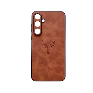 Close-up of brown faux leather phone case featuring an embossed deer head for Samsung Galaxy