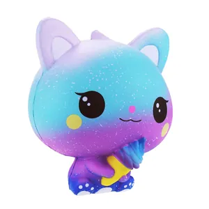 Galaxy-themed purple and blue cat squishy toy holding an ice cream cone, slow rising PU foam.