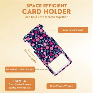 Detail showing sliding floral card holder with thick plastic window for two cards.