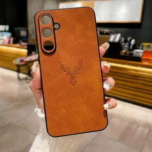 Detailed view of brown faux sheepskin leather phone case with embossed deer head for Samsung A55