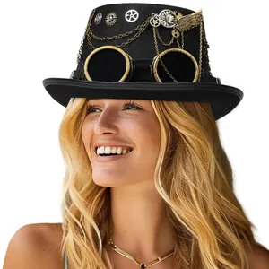 Detailed view of steampunk top hat featuring golden gears and gothic wings worn by a model