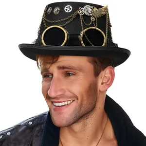 Steampunk top hat with gothic wings and goggles shown on a smiling male model for party props