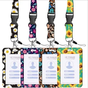 Floral print ID card lanyards with matching badge holders in four colors