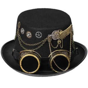 Detailed view of a black steampunk top hat featuring brass goggles, gold chains, and gears