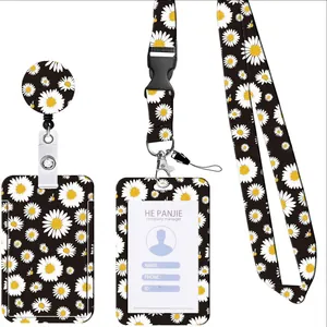Detail view of the floral daisy print ID card holder set with retractable badge reel