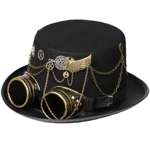Detailed shot of steampunk top hat with vintage goggles, gears and metallic wing wings