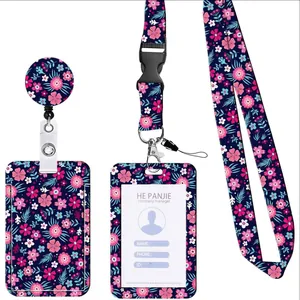 Floral print ID card holder set with lanyard and retractable badge reel