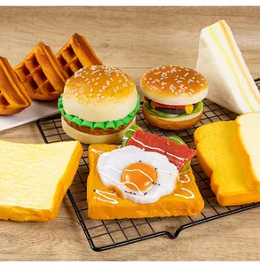 Detailed view of assorted PU simulation food models like burgers, toast, and waffles
