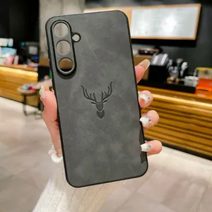 Detailed texture of grey sheepskin Samsung case with embossed deer head pattern