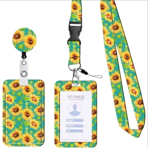 Sunflower print ID lanyard set with retractable badge reel and vertical card sleeve.