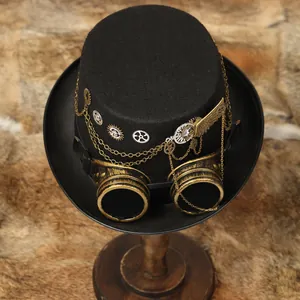 Gothic black steampunk top hat featuring vintage goggles, golden wings and gear charms