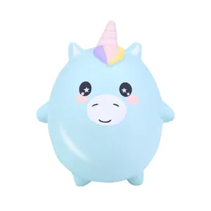 Detailed view of a light blue slow-rebound unicorn squishy toy with colorful horn