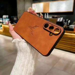 Close-up of premium brown leather phone case with embossed deer head for Samsung A55