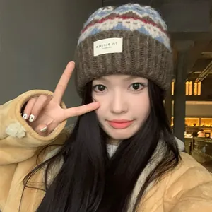 Vintage fair isle knitted beanie for women winter warm oversized hat