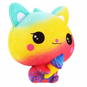 Colorful rainbow PU squishy cat toy holding an ice cream cone on white background