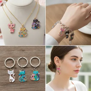 Detailed collage of colorful cartoon cat charms on a necklace, bracelet, and earring.