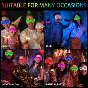 Colorful LED shutter glasses for parties and festivals shown in diverse social settings