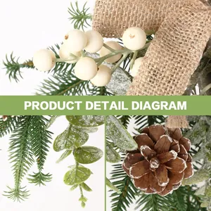 Macro detail of Christmas decoration showing pine cone, white berries, and burlap