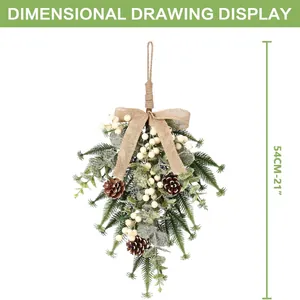 Christmas teardrop swag with artificial pine branches, white berries and burlap bow - 54cm